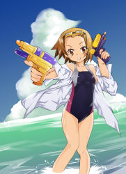 Rule 34 | 1girl, bad id, bad pixiv id, brown eyes, brown hair, competition swimsuit, dual wielding, foreshortening, goggles, goggles on head, highres, holding, k-on!, one-piece swimsuit, open clothes, open shirt, shirt, short hair, solo, splashing, swimsuit, tainaka ritsu, tanaka deshirittoru, wading, water, water gun