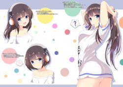 Rule 34 | 1girl, :d, ?, alternate hair length, alternate hairstyle, arms behind head, arms up, ass, azur lane, blue eyes, blush, breasts, brown hair, cleavage, closed mouth, clothes writing, collarbone, hair tie, hair tie in mouth, headphones, high ponytail, highres, kamishiro (rsg10679), long hair, long island (azur lane), long island (long island - indoor slacker) (azur lane), medium breasts, mouth hold, multiple views, off-shoulder shirt, off shoulder, open mouth, ponytail, shirt, short hair, short sleeves, smile, spoken blush, spoken question mark, tying hair, very long hair, white shirt