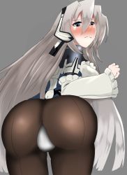 Rule 34 | 1girl, artist request, ass, blue eyes, blush, bodysuit, breasts, from behind, gloves, headgear, highres, horizon ariadust, huge ass, kyoukaisenjou no horizon, large breasts, leaning, leaning forward, long hair, looking at viewer, pantyhose, sideboob, silver hair, solo, tears, very long hair, wavy mouth