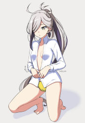 Rule 34 | 1girl, ahoge, asashimo (kancolle), barefoot, breasts, collared shirt, full body, grey background, grey eyes, grey hair, hair over one eye, kantai collection, kneeling, long hair, long sleeves, moti coi, panties, ponytail, shirt, simple background, small breasts, solo, underwear, white shirt, yellow panties