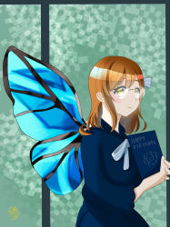 Rule 34 | 1girl, absurdres, artist name, artist request, blue dress, blue skirt, blush, book, boots, bow, breasts, brown eyes, brown hair, bug, butterfly, butterfly costume, buttons, dress, female focus, glasses, hair between eyes, hair bow, highres, holding, holding book, insect, kunikida hanamaru, light brown hair, long hair, looking at viewer, love live!, love live! school idol festival, love live! sunshine!!, matching hair/eyes, medium breasts, mitaiken horizon, parted lips, ribbon, skirt, smile, solo, striped bow, striped ribbon, white bow, white ribbon, yellow eyes
