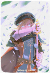 Rule 34 | 1boy, absurdres, blue eyes, blue hat, drawing sword, gloves, hat, highres, holding, holding sword, holding weapon, kchang57, light brown hair, link, looking at viewer, nintendo, official alternate costume, pointy ears, royal guard set (zelda), sword, the legend of zelda, the legend of zelda: breath of the wild, upper body, weapon
