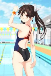 Rule 34 | 1girl, alternate costume, ass, blue sky, blurry, brown eyes, brown hair, cloud, competition swimsuit, day, depth of field, from behind, grin, hair between eyes, hair ribbon, highres, kantai collection, long hair, looking at viewer, looking back, one-piece swimsuit, outdoors, pool, ribbon, sky, smile, solo, string of flags, swimsuit, takafumi, tone (kancolle), twintails, wristband