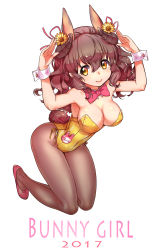 Rule 34 | 1girl, animal ears, bow, bowtie, breasts, brown eyes, brown hair, cleavage, detached collar, fake animal ears, fishnets, full body, highres, horns, kawagoe pochi, leotard, long hair, looking at viewer, medium breasts, original, pantyhose, playboy bunny, rabbit ears, rabbit girl, rabbit tail, red bow, red bowtie, simple background, smile, solo, strapless, strapless leotard, tail, wrist cuffs, yellow leotard