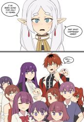 Rule 34 | 2koma, 6+boys, 6+girls, :3, = =, absurdres, baby, blunt bangs, bocchi the rock!, bow, capelet, comic, commentary, couple, crossover, dangle earrings, earrings, elf, english commentary, english text, family, father and daughter, father and son, fern (sousou no frieren), frieren, gold trim, green eyes, highres, hinghoi, husband and wife, if they mated, jewelry, jitome, kita ikuyo, long hair, looking at viewer, mother and child, mother and daughter, mother and son, multiple boys, multiple girls, parted bangs, pointy ears, purple hair, purple shirt, red bow, red hair, shirt, short hair, simple background, smile, sousou no frieren, speech bubble, stark (sousou no frieren), twintails, upper body, white background, white capelet