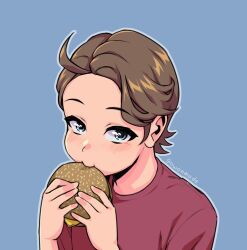 Rule 34 | 1boy, animification, artist name, blue background, blue eyes, brown hair, burger, cheese, commentary, eating, english commentary, food, highres, holding, holding burger, holding food, jerma985 (person), light blush, male focus, real life, red shirt, rkgkrabu, shirt, simple background, solo, t-shirt