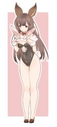 Rule 34 | 10s, 1girl, animal ears, aster (granblue fantasy), bare legs, black footwear, black leotard, bow, bowtie, brown eyes, brown hair, cameltoe, covered navel, detached collar, erune, eyebrows, female focus, flat chest, full body, granblue fantasy, hair ornament, koza game, leotard, long hair, matching hair/eyes, no nose, outline, oversized breast cup, playboy bunny, red bow, shoes, solo, standing, thigh gap, white background
