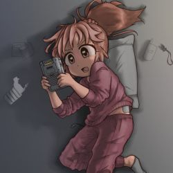 Rule 34 | 10s, 1girl, :o, abe nana, artist request, blush, cable, cellphone, cellphone strap, clothes lift, cup, eye reflection, from above, game boy, game boy (original), handheld game console, idolmaster, idolmaster cinderella girls, long hair, long sleeves, lying, nintendo, on side, open clothes, pajamas, pants, phone, pillow, playing games, ponytail, reflection, shirt lift, solo, spill, yunomi