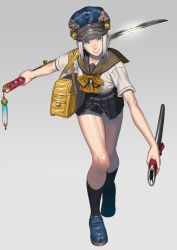 Rule 34 | 1girl, bag, black skirt, black socks, blue eyes, bow, bowtie, closed mouth, collarbone, full body, grey background, hat, head tilt, holding, holding sword, holding weapon, katana, leaning forward, loafers, looking at viewer, miniskirt, ogino (oginogino), original, panties, pantyshot, pleated skirt, scabbard, school bag, school uniform, serafuku, sheath, shoes, short hair, silver hair, simple background, skirt, smile, socks, solo, standing, striped clothes, striped panties, sword, underwear, vertical-striped clothes, vertical-striped panties, weapon, yellow bow, yellow bowtie