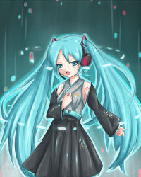Rule 34 | 1girl, ast exception, bare shoulders, detached sleeves, fuyutsuki asuto, green eyes, green hair, hatsune miku, headset, long hair, matching hair/eyes, music, singing, skirt, solo, vocaloid, vocoloid