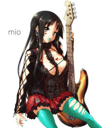 Rule 34 | 00s, 1girl, akiyama mio, bass guitar, between breasts, black hair, breasts, candy, cleavage, earrings, food, green nails, guitar, instrument, jewelry, k-on!, large breasts, lollipop, long hair, nail polish, nekomamire, skirt, solo, thighhighs, torn clothes, torn thighhighs