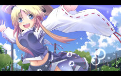 Rule 34 | 1girl, blonde hair, blue eyes, blue sky, bubble, cloud, day, hair ribbon, hat, irie (masaki), irie keisuke (handn), letterboxed, long sleeves, looking at viewer, midriff, moriya suwako, navel, open mouth, outstretched arms, ribbon, shirt, skirt, skirt set, sky, smile, solo, touhou, vest, wallpaper, wide sleeves