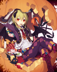 Rule 34 | 1girl, bandages, bat wings, black gloves, blonde hair, boots, cake, candy, cross-laced footwear, demon horns, eating, fang, food, food on face, fork, gloves, halloween, hijiri (resetter), horns, jack-o&#039;-lantern, looking at viewer, md5 mismatch, necktie, open clothes, open mouth, open vest, original, pants, plate, pumpkin, red eyes, shirt, single glove, sitting, solo, trance (hijiri), vest, wings