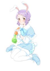 Rule 34 | 1girl, :o, animal ears, blue bow, blue bowtie, blue capelet, blue footwear, blue shorts, blush, bow, bowtie, capelet, carrot, commentary, extra ears, fur-trimmed collar, fur-trimmed shorts, fur trim, gloves, hands up, holding, holding carrot, idolmaster, idolmaster million live!, idolmaster million live! theater days, long sleeves, looking at viewer, makabe mizuki, official alternate costume, on floor, p kmym, pantyhose, pom pom (clothes), purple hair, rabbit ears, rabbit tail, shirt, shoes, short hair, shorts, sidelocks, sitting, solo, tail, wariza, wavy hair, white background, white gloves, white pantyhose, white shirt, yellow eyes