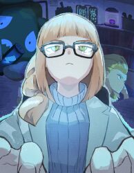 Rule 34 | 2girls, arched bangs, black-framed eyewear, blonde hair, blue sweater, closed mouth, coat, commentary request, creatures (company), energy drink, game freak, gen 5 pokemon, glasses, green eyes, half-closed eyes, highres, indoors, long hair, maato tac, master ball, multiple girls, nintendo, oleana (pokemon), open clothes, open coat, poke ball, pokemon, pokemon: twilight wings, pokemon (creature), pokemon sv, ribbed sweater, sada (pokemon), sweater, trubbish