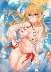 Rule 34 | 1girl, ahoge, air bubble, bare legs, bare shoulders, barefoot, bikini, blonde hair, blush, braid, breasts, bubble, cleavage, clownfish, collarbone, commentary request, criss-cross halter, fate/grand order, fate (series), fish, floating hair, green eyes, grin, hair intakes, hair ribbon, halterneck, hand on own hip, highres, kawai (purplrpouni), large breasts, long hair, long sleeves, looking at viewer, navel, nero claudius (fate), nero claudius (fate) (all), nero claudius (swimsuit caster) (fate), nero claudius (swimsuit caster) (third ascension) (fate), off shoulder, puffy sleeves, red bikini, ribbon, see-through, side-tie bikini bottom, smile, solo, striped bikini, striped clothes, submerged, swimsuit, teeth, underwater, water, white ribbon