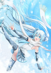 Rule 34 | 1girl, agonasubi, aqua nails, aqua necktie, bare shoulders, black skirt, black thighhighs, blue eyes, blue hair, blue sky, blurry, blush, boots, commentary, cowboy shot, day, depth of field, detached sleeves, dutch angle, gradient hair, hair ornament, hatsune miku, hatsune miku (vocaloid4), highres, kicking, leg up, long hair, looking at viewer, multicolored hair, nail polish, necktie, open mouth, outdoors, outstretched arms, scarf, see-through, see-through sleeves, shirt, shoulder tattoo, skirt, sky, sleeveless, sleeveless shirt, smile, snow, solo, sun, tattoo, thigh boots, thighhighs, twintails, v4x, very long hair, vocaloid, white hair, white scarf, white shirt, yuki miku