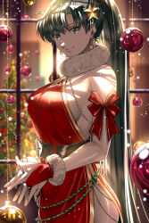 Rule 34 | 1girl, bare shoulders, belt, black belt, bow, christmas ornaments, commentary, cowboy shot, delsaber, dress, fire emblem, fire emblem: the blazing blade, gloves, green hair, highres, long hair, looking at viewer, lyn (fire emblem), nintendo, ponytail, red bow, red dress, red gloves, sleeveless, sleeveless dress, smile, solo, standing, very long hair