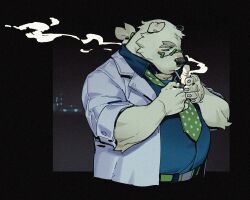 Rule 34 | 1boy, animal ears, bara, bear boy, bear ears, blue skirt, bluecard916, closed eyes, fat, fat man, furry, furry male, glasses, green necktie, hashtag-only commentary, highres, holding, holding lighter, lab coat, leib (housamo), lighter, lighting cigarette, male focus, necktie, polka dot, ponytail, skirt, smoke, smoking, thick eyebrows, tokyo houkago summoners, upper body