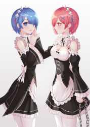 Rule 34 | 2girls, apron, bad id, bad pixiv id, bare shoulders, black dress, blue eyes, blue hair, blue ribbon, blush, breasts, chain, chain, cleavage, cowboy shot, detached sleeves, dress, female focus, flower, frilled dress, frilled sleeves, frills, from side, hair flower, hair ornament, hair over one eye, hair ribbon, hand on own cheek, hand on own face, hand up, highres, holding, holding chain, looking at another, looking at viewer, luc (kor), maid, maid headdress, matching hair/eyes, medium breasts, multiple girls, parted lips, pink eyes, pink hair, pink ribbon, ram (re:zero), re:zero kara hajimeru isekai seikatsu, rem (re:zero), ribbon, short hair, siblings, sisters, small breasts, twins, waist apron, white apron, white legwear, wide sleeves, x hair ornament