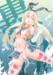 Rule 34 | 10s, 1girl, anchor, bad id, bad pixiv id, black panties, blonde hair, breasts, cum, cum in pussy, elbow gloves, gloves, green eyes, hairband, kantai collection, long hair, namaokayu, navel, nipples, panties, personification, pussy, shimakaze (kancolle), skirt, small breasts, solo, striped clothes, striped thighhighs, tears, thighhighs, torn clothes, torn skirt, torn thighhighs, underwear, white gloves