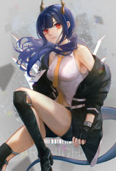 Rule 34 | 1girl, arknights, bare shoulders, black footwear, black gloves, black jacket, black shorts, blue hair, boots, breasts, ch&#039;en (arknights), commentary, copyright name, feet out of frame, fingerless gloves, gloves, grey background, highres, horns, jacket, knee up, long hair, long sleeves, looking at viewer, medium breasts, necktie, off shoulder, open clothes, open jacket, red eyes, shin guards, shinono@oshikotoboshuuchuu, short shorts, shorts, solo, thighs, yellow necktie