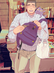 Rule 34 | 1boy, alternate costume, backpack, bag, blush, book, bulge, creature, feet out of frame, glasses, kijima hyogo, long sideburns, looking at viewer, male focus, motoori shiro, muscular, muscular male, on shoulder, photo background, short hair, sideburns, smile, solo, spiked hair, thick eyebrows, tokyo houkago summoners