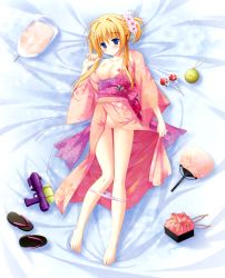 Rule 34 | 1girl, barefoot, bed sheet, blonde hair, blue eyes, blush, breasts, breasts out, candy apple, cleavage, cotton candy, dakimakura (medium), diamic days, flower, flower on head, food, from above, full body, geta, hair flower, hair ornament, hand fan, hatsushiba kiba, highres, legs, looking at viewer, lying, medium breasts, nipples, no bra, on back, panties, panty pull, pussy, pussy juice, sesena yau, shoes, unworn shoes, solo, underwear, water balloon, water gun, white panties