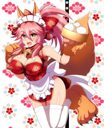 Rule 34 | 1girl, afuro, animal ear fluff, animal ears, animal hands, bare shoulders, bell, blush, breasts, cat paws, china dress, chinese clothes, cleavage, collar, dress, fangs, fate/grand order, fate (series), floral background, food, fox ears, fox girl, fox tail, gloves, hair ornament, hair ribbon, jingle bell, large breasts, looking at viewer, neck bell, open mouth, paw gloves, paw shoes, pink hair, ribbon, shoes, solo, tail, tamamo (fate), tamamo cat (fate), white legwear