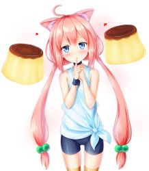 Rule 34 | 1girl, absurdres, ahoge, animal ear fluff, animal ears, bike shorts, blue eyes, blush, cat ears, choker, commentary request, finger to mouth, food, hair bobbles, hair ornament, hand on own chest, highres, hinata channel, kyamu (qqea92z9n), long hair, low twintails, nekomiya hinata, pink hair, pudding, shorts, simple background, solo, twintails, vest, virtual youtuber, watch, white background, white vest, wristwatch