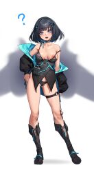 Rule 34 | 1girl, ?, aqua nails, babydoll, beeeeen, black babydoll, black footwear, black hair, black jacket, black panties, blue eyes, bob cut, boots, breasts, breasts apart, choker, collarbone, contrapposto, full body, hair ornament, hand on own hip, highres, jacket, jacket partially removed, last origin, long sleeves, looking at viewer, medium breasts, nail polish, nipples, one breast out, open mouth, panties, puffy long sleeves, puffy sleeves, ribbon choker, shadow, short hair, skindentation, solo, standing, strap slip, thigh strap, underwear, uroboros the eternal, white background