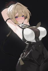 1girl absurdres armpits arms_behind_head binu_(nadenade) black_background black_pants blonde_hair blush breasts brown_necktie closed_mouth earrings evelyn_chevalier high-waist_pants highres jewelry large_breasts necktie pants purple_eyes shirt short_hair solo upper_body white_shirt zenless_zone_zero