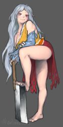 Rule 34 | 1girl, ass, bare legs, bare shoulders, barefoot, detached sleeves, dress, envenomist (gengoroumaru), feet, full body, grey background, grey hair, hatchet, highres, knee up, looking at viewer, multicolored clothes, multicolored dress, nata (tool), one-hour drawing challenge, red eyes, sakata nemuno, simple background, sketch, smile, solo, standing, touhou