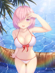 Rule 34 | 1girl, :d, absurdres, adapted costume, arm at side, bare shoulders, bikini, blush, breasts, collarbone, day, fate/grand order, fate (series), gluteal fold, groin, hair between eyes, hair over one eye, hallohi, hand to head, hand up, highres, hip focus, large breasts, legs together, lens flare, light purple hair, light rays, looking at viewer, mash kyrielight, mash kyrielight (swimsuit of perpetual summer), navel, official alternate costume, open mouth, outdoors, palm tree, purple eyes, purple hair, shiny skin, short hair, skindentation, skirt, smile, solo, standing, stomach, string bikini, sunbeam, sunlight, swimsuit, teeth, thigh gap, tree, upper teeth only, water, water drop, white bikini