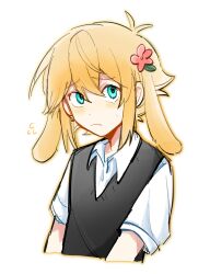 Rule 34 | 1boy, animal ears, basil (faraway) (omori), basil (omori), black sweater vest, blonde hair, blue eyes, blush, collared shirt, embarrassed, flower, flying sweatdrops, frown, gongs0313, hair flower, hair ornament, highres, kemonomimi mode, looking at viewer, omori, rabbit boy, rabbit ears, shirt, short hair, short sleeves, simple background, solo, sweater vest, upper body, white background, white shirt