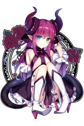 Rule 34 | 10s, 1girl, black dress, blue eyes, boots, bow, clothes between thighs, commentary request, curled horns, detached sleeves, dragon girl, dragon horns, dragon tail, dress, elizabeth bathory (fate), elizabeth bathory (fate/extra ccc), elizabeth bathory (first ascension) (fate), fate/extra, fate/extra ccc, fate (series), floating hair, flower, frills, hair bow, high heel boots, high heels, highres, horns, knee boots, long hair, pink hair, pointy ears, purple bow, rose, sitting, smile, solo, tail, two side up, white footwear, yan (nicknikg)