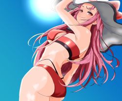 Rule 34 | 1girl, artist request, ass, bare shoulders, bikini, blush, breasts, cleo (king&#039;s raid), female focus, from behind, from below, hat, highres, king&#039;s raid, large breasts, long hair, looking at the side, looking at viewer, matching hair/eyes, pink eyes, pink hair, shiny clothes, shiny skin, sideboob, smile, solo, swimsuit, very long hair