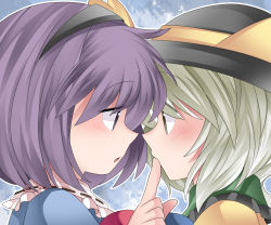 Rule 34 | 2girls, blush, commentary request, eye contact, finger to another&#039;s mouth, green eyes, green hair, hairband, hammer (sunset beach), hat, komeiji koishi, komeiji satori, looking at another, multiple girls, purple eyes, purple hair, short hair, siblings, sisters, touhou