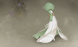 Rule 34 | 1girl, aegislash, back, blurry, blurry background, bob cut, brown background, colored skin, creatures (company), dirty, dust, female focus, fighting, from behind, game freak, gardevoir, gen 3 pokemon, gen 6 pokemon, glowing, glowing eyes, green hair, green skin, hand on own hip, highres, leaning forward, lotosu, multicolored skin, nintendo, one-eyed, pokemon, pokemon (creature), purple eyes, short hair, solo focus, standing, two-tone skin, white skin