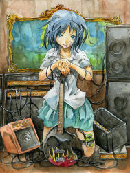 Rule 34 | bandaid, bass1, blue hair, guitar, instrument, kneeling, mouth hold, music, solo, speaker
