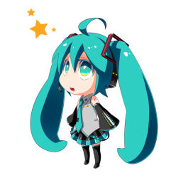 Rule 34 | 1girl, :o, ahoge, aqua eyes, aqua hair, bad id, bad pixiv id, chibi, detached sleeves, fujimaru (plus95), hatsune miku, long hair, looking up, necktie, no nose, simple background, solo, standing, star (symbol), thighhighs, twintails, vocaloid, white background, zettai ryouiki