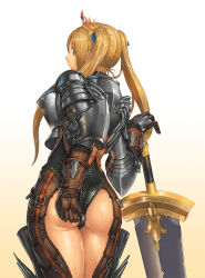 Rule 34 | 1girl, adjusting clothes, armor, ass, blonde hair, brown eyes, crown, from behind, gloves, gradient background, hair ribbon, huge weapon, kanda (ura-kanda), long hair, looking at viewer, looking back, open mouth, profile, ribbon, solo, standing, sweat, sword, tiara, twintails, warrior, weapon