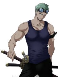 Rule 34 | 1boy, bare shoulders, blue tank top, cowboy shot, earrings, goggles, goggles on head, green hair, highres, jewelry, katana, large pectorals, male focus, manly, muscular, one piece, pants, pectorals, pinattsu, roronoa zoro, scar, scar on face, short hair, sleeveless, solo, sword, tank top, toned, toned male, upper body, weapon