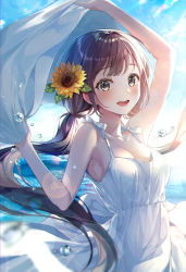 Rule 34 | 1girl, :d, absurdres, arm up, armpits, backlighting, bare shoulders, blue sky, blush, bow, breasts, brown hair, cleavage, cowboy shot, day, dress, eumi 114, flower, hair flower, hair ornament, highres, holding, long hair, low twintails, medium breasts, ocean, open mouth, original, outdoors, sky, sleeveless, sleeveless dress, smile, solo, sundress, sunflower, sunflower hair ornament, sunlight, twintails, very long hair, water drop, white bow, white dress, yellow eyes, yellow flower