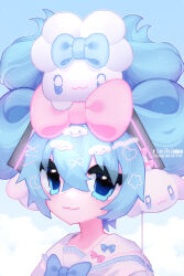 1girl :3 absurdres artist_name blue_eyes blue_hair bow cinnamiku cinnamoroll commentary decora fuwa_fuwa_cinnamoroll hair_between_eyes hair_ornament hashtag-only_commentary hatsune_miku highres looking_at_viewer official_alternate_costume official_alternate_hairstyle rinihimme sanrio school_uniform serafuku smile solo upper_body vocaloid yume_kawaii