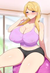 Rule 34 | 1girl, aikome (haikome), arm behind back, ball, black shorts, blonde hair, blush, breasts, cleavage, collarbone, colored eyelashes, covered erect nipples, curtains, earrings, exercise ball, half-closed eyes, highres, huge breasts, jewelry, large areolae, large breasts, long hair, mature female, midriff, navel, panties, panty peek, puffy nipples, purple eyes, purple shirt, shirt, short shorts, shorts, sitting, sliding doors, solo, sports bra, steam, sweat, tank top, thighs, underwear, wall, window