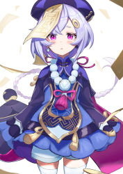 Rule 34 | 1girl, absurdres, bead necklace, beads, blue dress, blush, coin, coin hair ornament, dejio, dress, earrings, genshin impact, hair ornament, highres, jewelry, long hair, necklace, parted lips, pink eyes, purple hair, qiqi (genshin impact), sleeves past fingers, sleeves past wrists, solo, talisman, white legwear