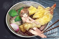Rule 34 | 1girl, barefoot, blush, bowl, breasts, brown eyes, brown hair, chopsticks, commentary request, d:, feet, food, foot grab, full body, in bowl, in container, in food, kamaboko, leaf, medium breasts, mikazuki akira!, mini person, minigirl, noodles, nude, open mouth, original, partially submerged, personification, shrimp, shrimp tempura, soba, soles, solo, splashing, steam, tempura, toes, vore