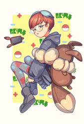 Rule 34 | 1girl, backpack, bag, black eyes, boots, border, bright pupils, brown bag, commentary request, creatures (company), full body, game freak, glasses, hood, hood down, hoodie, multicolored hair, nintendo, pantyhose, parted lips, penny (pokemon), pleated skirt, poke ball symbol, pokemon, pokemon sv, red hair, round eyewear, see-through, see-through skirt, shirabejika sk, short hair, shorts, skirt, solo, two-tone hair, white border