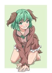 Rule 34 | 1girl, all fours, animal ears, bare legs, barefoot, blush, breasts, crossed wrists, dog ears, dog tail, full body, green eyes, green hair, grey background, grin, gyouza (mhea5724), highres, kasodani kyouko, long sleeves, looking at viewer, petticoat, short hair, simple background, small breasts, smile, solo, tail, toes, touhou